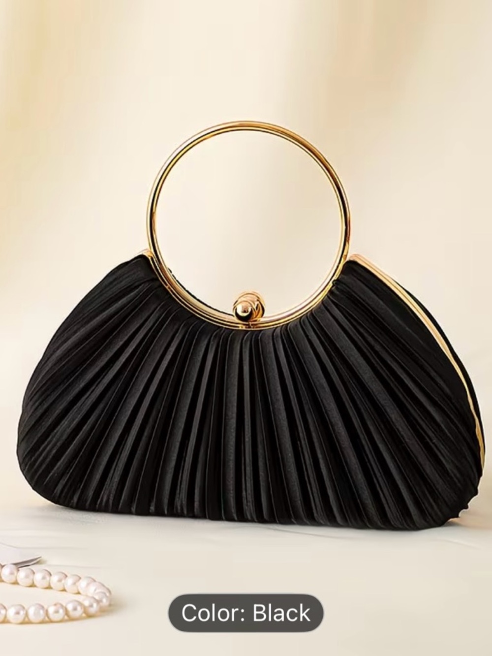 Black Pleated Evening Clutch with Gold Ring Handle